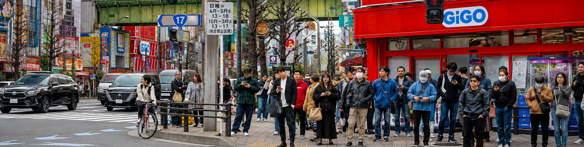 a group of people standing near a road in japan